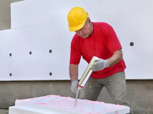 Mann mit gelbem Helm trägt pinken Kleber auf Styropor auf. Er bereitet sich vor, Styropor mit Fliesenkleber zu kleben.