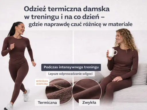 Dwie kobiety w brązowej odzieży termoaktywnej. Jedna biega, druga siedzi z kubkiem. Pokazano, jak działa odzież termoaktywna, odprowadzając wilgoć.