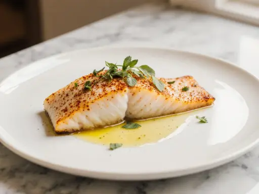 Ein saftiges Stück Backfisch im Airfryer, mit Kräutern und Gewürzen verfeinert, liegt auf einem Teller in flüssigem Gold.