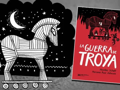 Ilustración de un caballo de Troya bajo la luna, con un libro que resume la Iliada y la Guerra de Troya.
