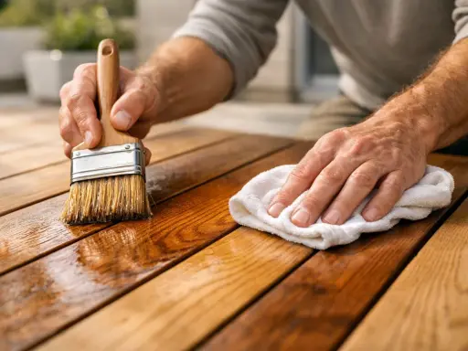 En hand målar på tryckimpregnerat träbord med en pensel. En annan hand torkar av ytan med en vit trasa.