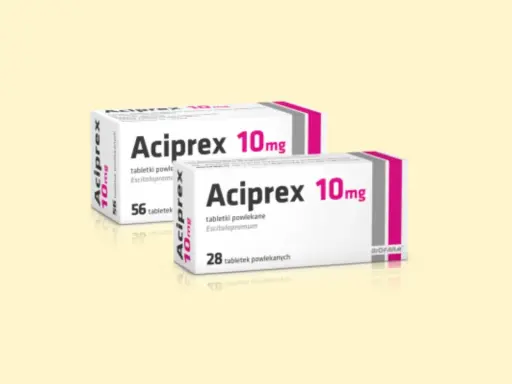 Opakowania leku Aciprex 10mg, zawierające escitalopram. Stosowany na depresję i zaburzenia lękowe.