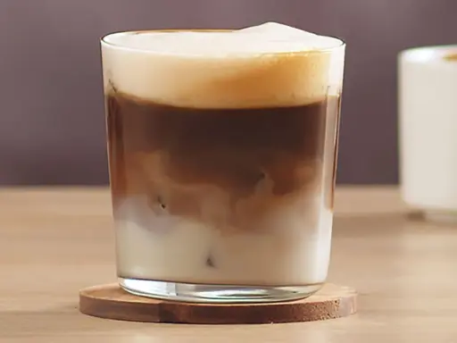 Ein erfrischender kalter Latte Macchiato mit cremiger Schaumkrone und Eiswürfeln.