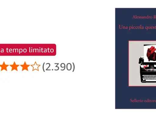 Copertina del libro "Una piccola questione di cuore" di Alessandro Robecchi, con un cuore rosso su una macchina da scrivere. Valutazione 4,2 stelle.