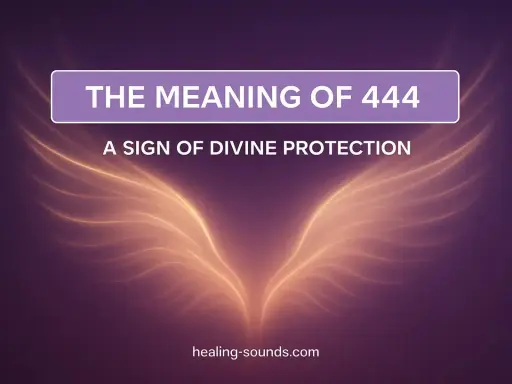 Anielskie skrzydła emanują światłem. Tekst głosi "The Meaning of 444" i "A Sign of Divine Protection". 444 znaczenie to boska ochrona.