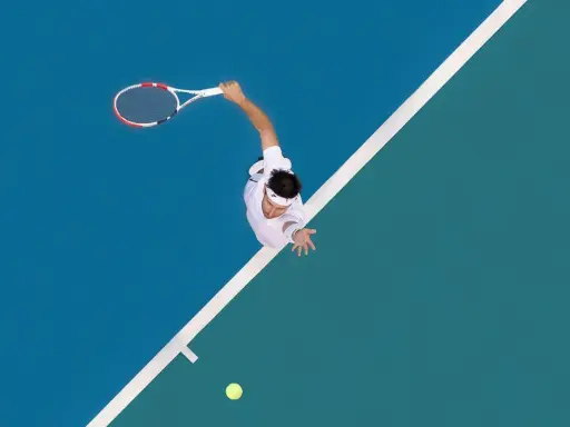 A tennis player in mid-serve, racket raised, on a blue and green court. The white lines of the court are like brad walls, guiding the game.