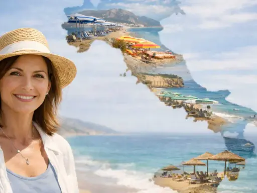 Donna sorridente con cappello di paglia su spiaggia italiana, ideale per sapere dove andare in vacanza a maggio in Italia.