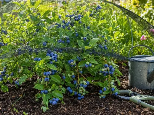 Un buisson de myrtilles couvert d'un filet protecteur, avec des baies bleues et vertes. Un arrosoir et un sécateur sont à proximité, prêts pour l'entretien de la bruyère qui sèche.