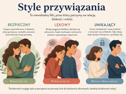 Ilustracja przedstawia trzy style przywiązania: bezpieczny, lękowy i unikający. Pokazuje, jak różne podejścia wpływają na bliskość w relacjach.