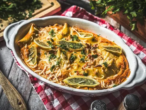 Herzhafter Maultaschen Auflauf mit Käse überbacken, garniert mit frischer Petersilie. Ein Genuss für die ganze Familie.