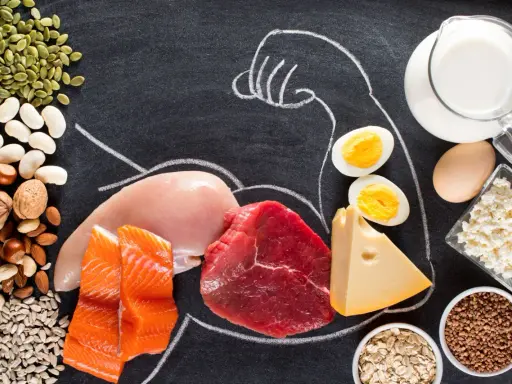 Różnorodne źródła protein w jedzeniu: mięso, ryby, jaja, nabiał, orzechy, nasiona i kasze. Idealne dla budowania mięśni.