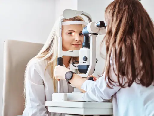 Kobieta z blond włosami u optometrysty, badanie wzroku. Czyżby to było zamglone widzenie po przebudzeniu?