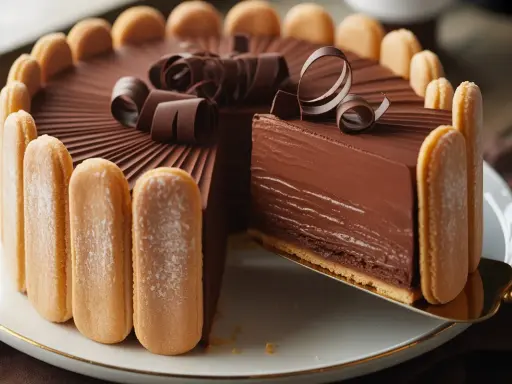 Une délicieuse charlotte au chocolat, ornée de biscuits à la cuillère et de copeaux de chocolat, est servie sur une assiette blanche.