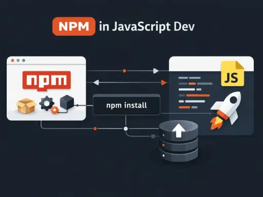 Diagram przedstawia proces instalacji pakietów w JavaScript, gdzie npm save dev pozwala na dodawanie zależności.