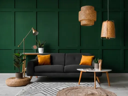 Canapé gris avec coussins orange vif sur fond vert foncé. Le jaune moutarde est une couleur qui va avec le vert foncé, créant un contraste chaleureux.
