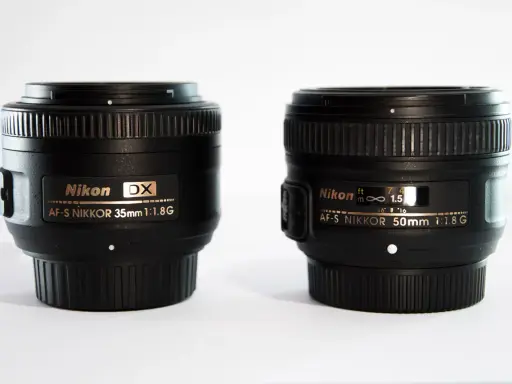 Dos lentes Nikon, un 35mm vs 50mm, listos para capturar el mundo.