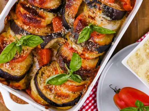 Gebackene Auberginen-Tomaten-Schichten in Auflaufform, garniert mit Basilikum. Perfekt, um Auberginen haltbar zu machen und köstlich zu genießen.