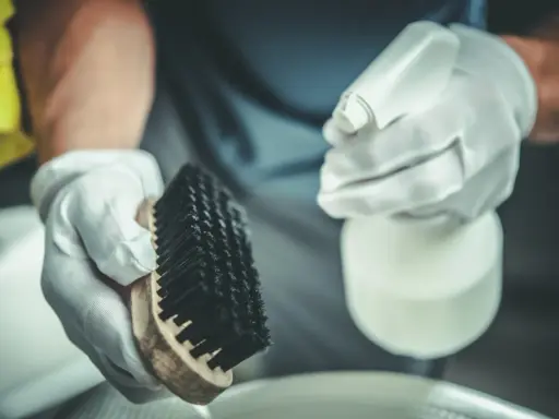 Manos enguantadas sostienen cepillo y spray. Preparación para la limpieza de estufa de pellets, consulta el precio limpieza estufa pellets.