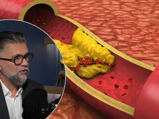Mężczyzna w okularach opowiada o tym, jak wyleczył miażdżycę, podczas gdy na ekranie widać przekrój tętnicy z cholesterolem i czerwonymi krwinkami.