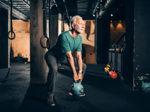 Älterer Mann macht Stabi-Training mit Kettlebell im Fitnessstudio.