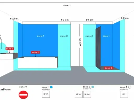 Schéma des zones de sécurité dans une salle de bain et quel IP pour salle de bain choisir selon la zone (0, 1, 2, 3).