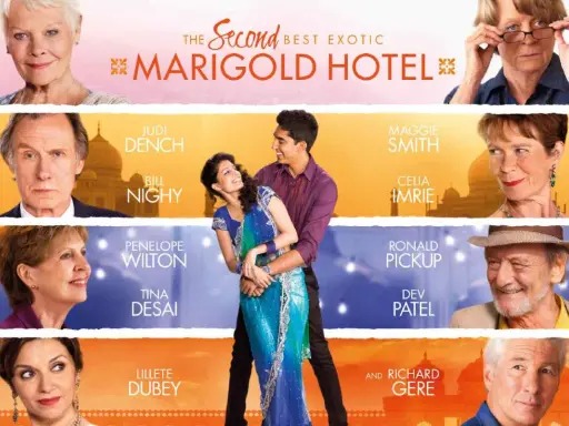Plakat filmu "The Second Best Exotic Marigold Hotel" z gwiazdami, idealny dla miłośników kina dla seniorów.