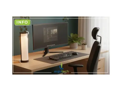 Bureau moderne avec écran, clavier, souris, lampe et chaise ergonomique. L'éclairage ambiant assure un excellent indice de rendu des couleurs pour le travail.