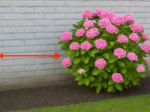 Un hortensia rose luxuriant près d'un mur de briques. La distance suggérée pour planter un hortensia d'un mur est indiquée par une flèche rouge.