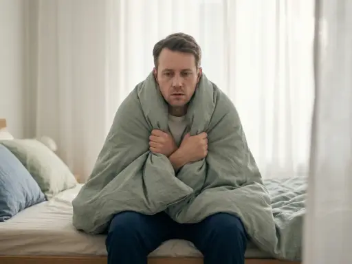 Man med feber och frossa, insvept i filt. Kan vara malaria symtom.