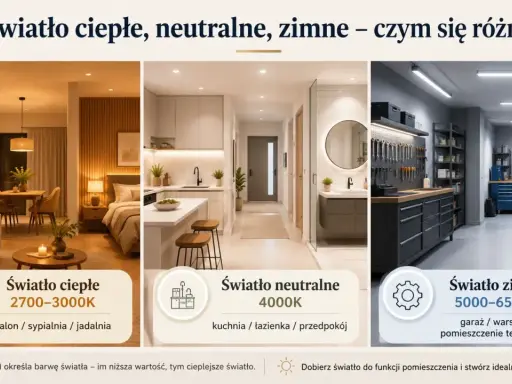 Trzy wnętrza: salon z ciepłym światłem (2700-3000K), kuchnia z neutralnym (4000K) i warsztat z zimnym (5000-6500K). Temperatura światła dziennego wpływa na atmosferę.