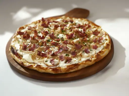 Flammekueche garnie d'oignons et de lardons, un accompagnement parfait pour un repas convivial.