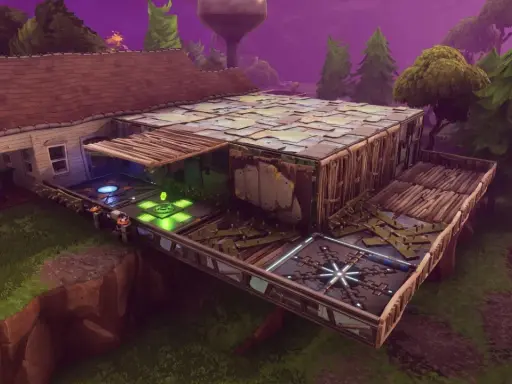Budowla w grze Fortnite, połączona z domem, z platformami i elementami konstrukcyjnymi.