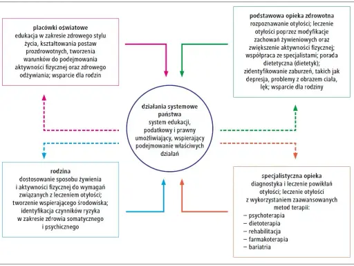 Schemat przedstawia systemowe działania państwa w walce z otyłością (ICD-10), obejmujące edukację, opiekę zdrowotną i wsparcie rodziny.
