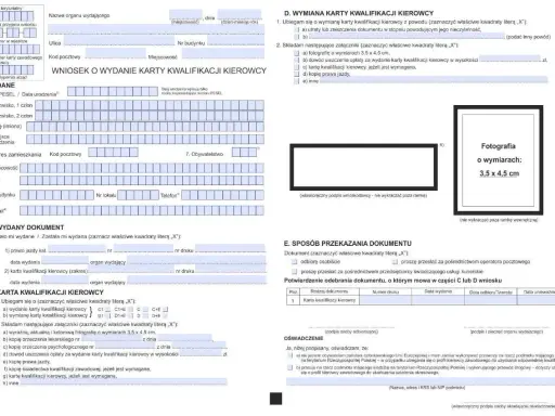 Wniosek o wydanie karty kwalifikacji kierowcy, dokument niezbędny do potwierdzenia uprawnień do przewozu osób i rzeczy.