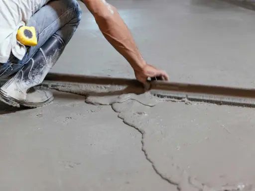 Obrero con botas y cinta métrica trabajando en como nivelar un suelo de cemento con una regla de albañil.