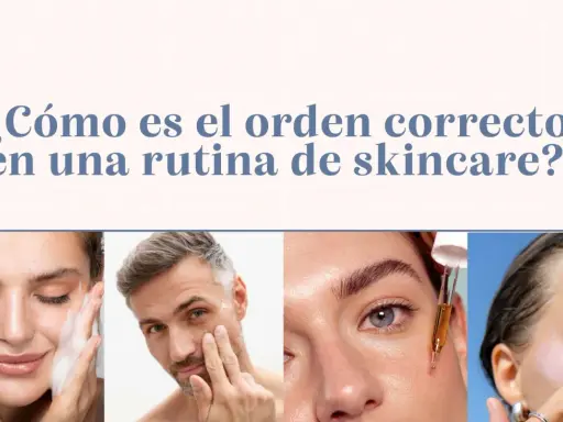 Cuatro personas mostrando pasos de una rutina skincare: limpieza, aplicación de crema, sérum y protector solar.