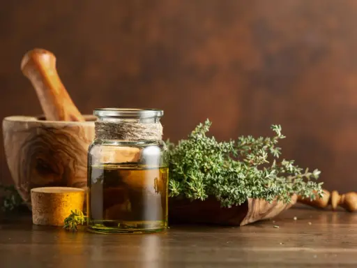 Olio essenziale timo proprietà: un flacone di vetro con olio dorato, un mortaio di legno e rametti di timo fresco.