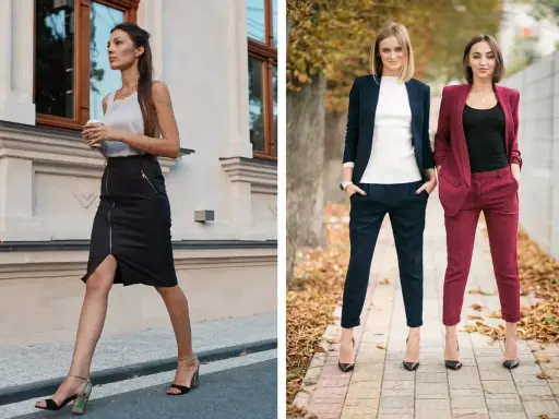 Eleganckie stylizacje dla kobiet: jak się ubrać na kolację firmową. Spódnica ołówkowa i garnitury w ciemnych kolorach.