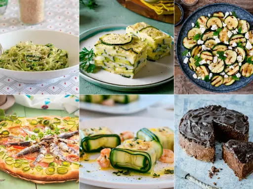 Variedad de recetas con calabacín: espaguetis, lasaña, ensalada a la parrilla, pizza, rollitos y pastel de chocolate.