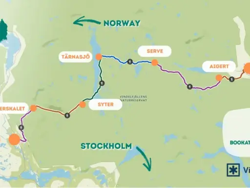 Karta över kungsleden etapper från Hemavan till Ammarnäs, med platser som Viterkalet, Syter, Tärnasjö, Serve och Aigert.