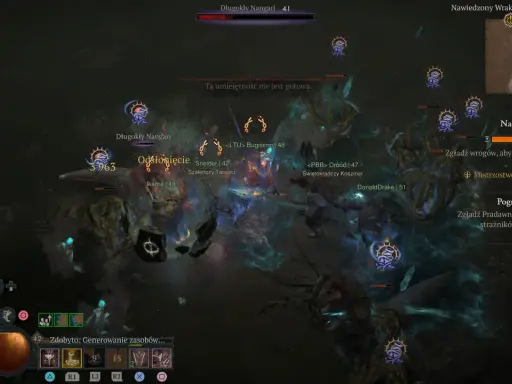 Intensywna walka w Diablo 4. Barbarzyńca z potężnym diablo 4 barbarzyńca build walczy z hordą wrogów, wykorzystując swoje umiejętności.