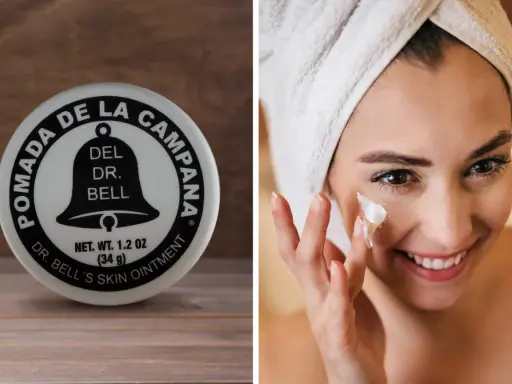 Pomada Dr. Bell's, la crema la campana, aplicada en el rostro de una mujer sonriente con toalla en la cabeza.