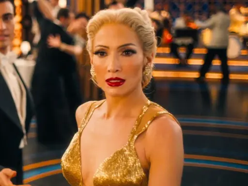 Jennifer Lopez i en glittrande guldig klänning på en dansgolv, en scen från filmer med Jennifer Lopez.