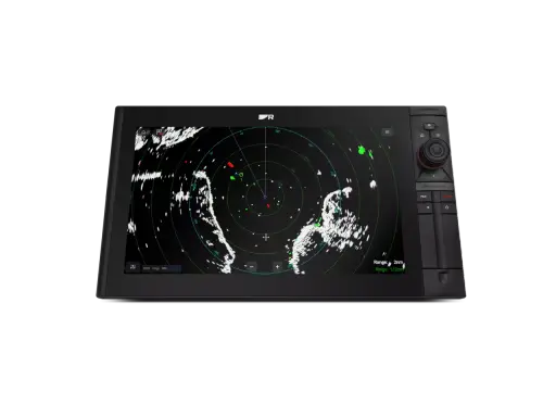 Écran de radar maritime affichant des échos blancs et verts, avec des cibles rouges. La portée est de 2 milles nautiques.