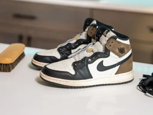 Para zadbane buty Nike Air Jordan 1 czeka na czyszczenie. Szczotka i sznurówki gotowe do akcji.