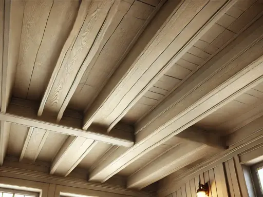 Plafond avec poutres peintes couleur lin, créant une ambiance chaleureuse et rustique.