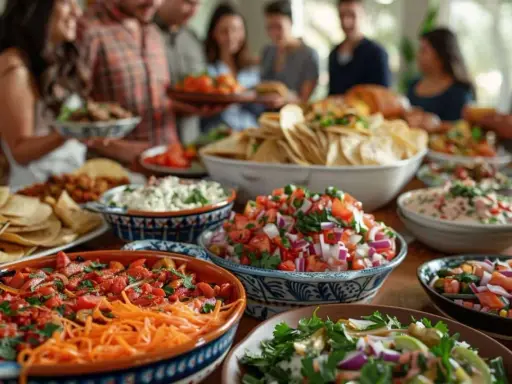 Un joyeux repas à partager entre amis, avec une table débordant de tortillas, de guacamole, de salsa et d'autres délices.