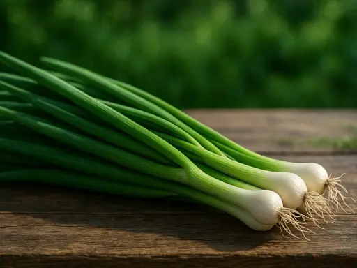 Trois oignons nouveaux, aux tiges vertes et bulbes blancs, reposent sur un bois rustique. Ils évoquent la fraîcheur de la ciboule et de la ciboulette.