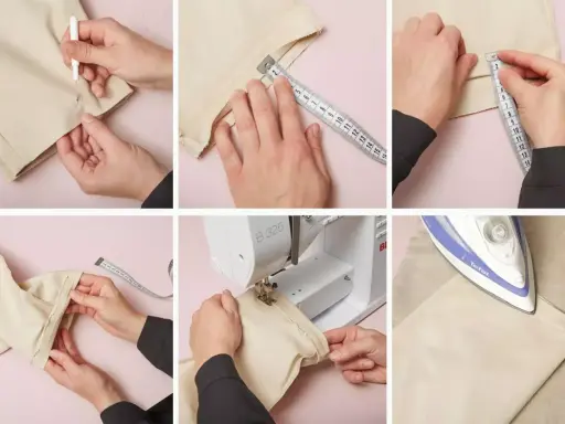 Sy linnebyxor: mät, nåla, sy med maskin och pressa.