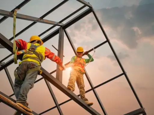 Dwóch budowlańców w kaskach i kamizelkach pracujących na wysokości. Za stan bezpieczeństwa i higieny pracy w zakładzie odpowiada każdy pracownik.